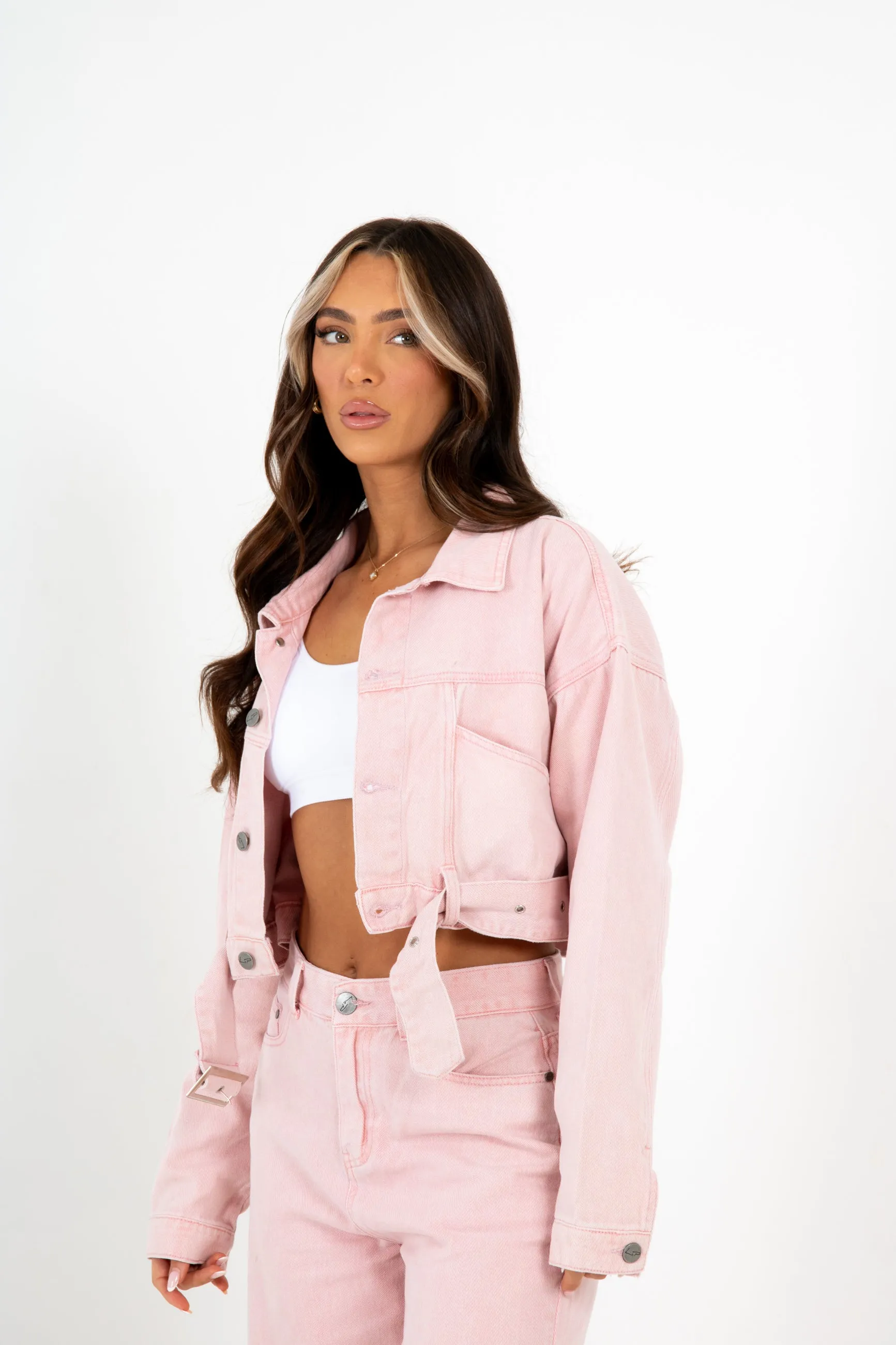 Cropped Pink Utility Belted Denim Jacket