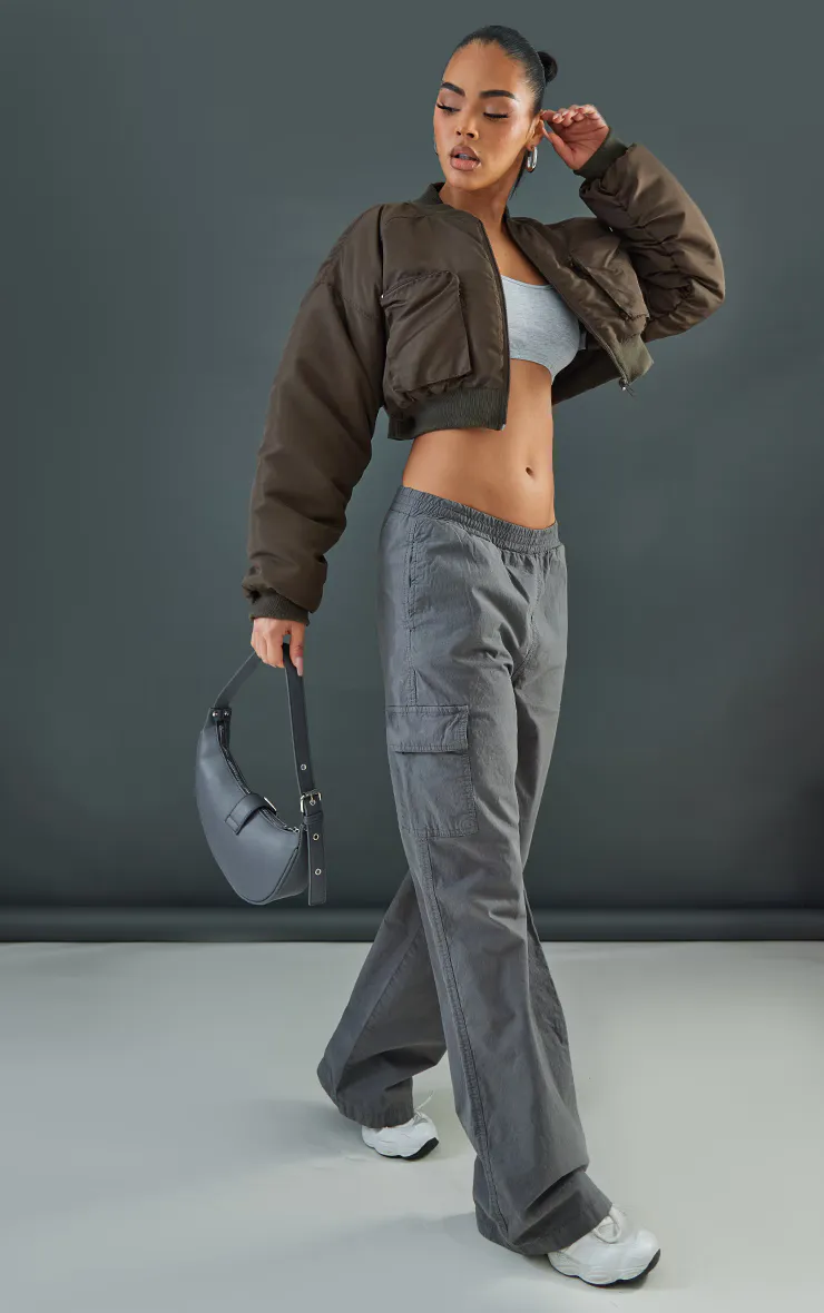 CROPPED RUCHED SLEEVE UTILITY POCKET BOMBER JACKET