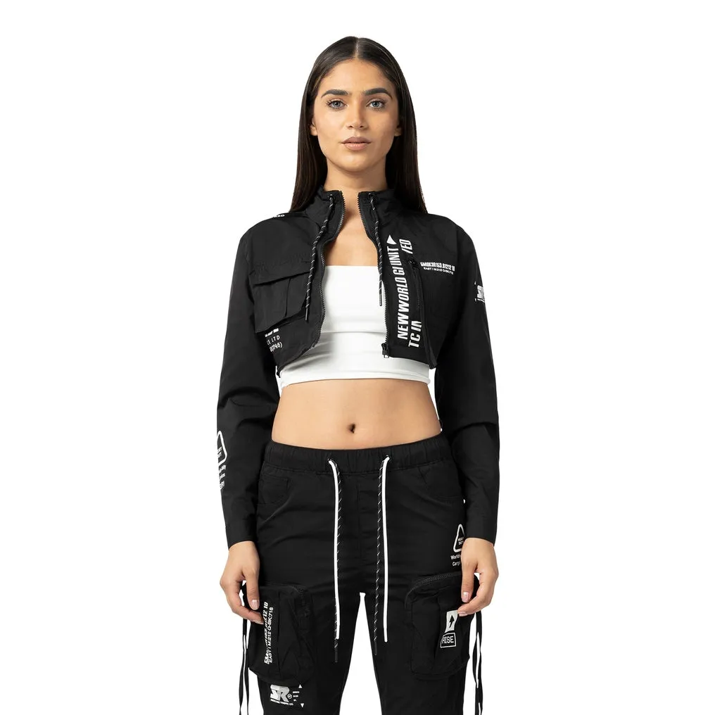 Cropped Utility Full Zip Jacket - Black