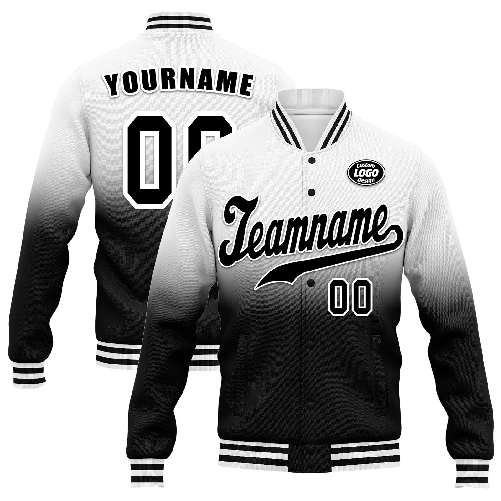 Custom White Black Fade Fashion Jacket Bomber Full-Snap Varsity Letterman Personalized Jacket FZ005-D020229-20