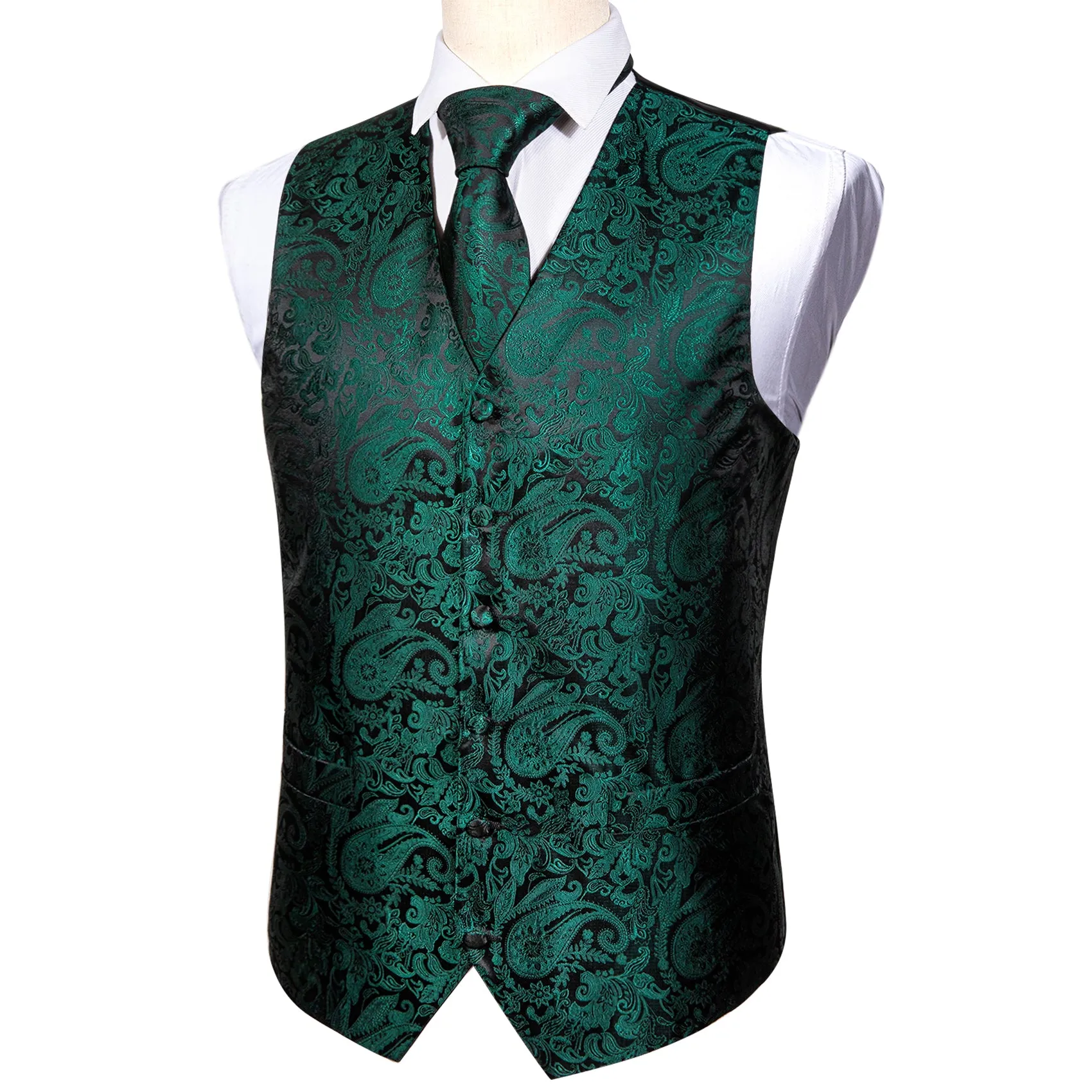 Dark Green Paisley Jacquard Silk Men's Vest Hanky Cufflinks Tie Set