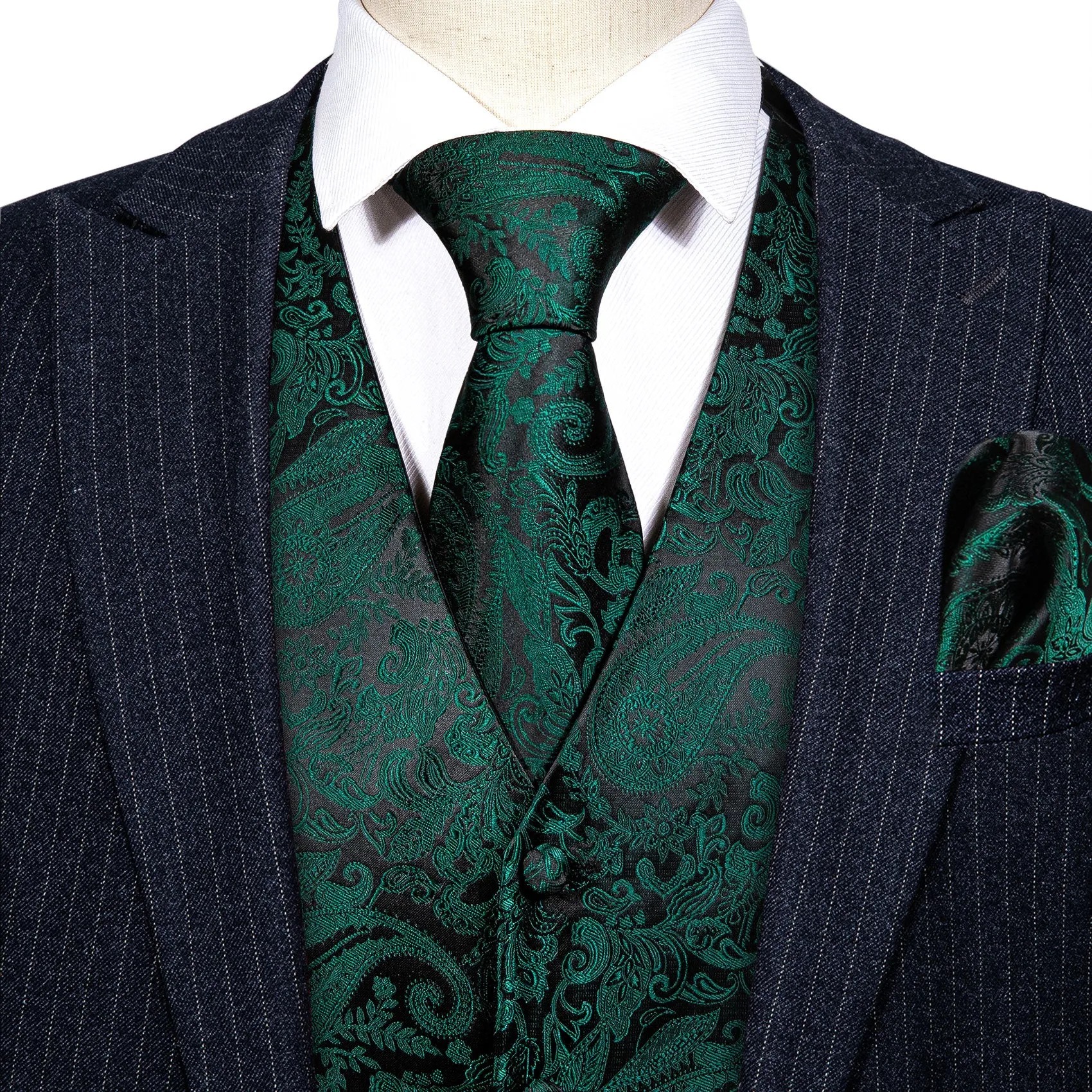 Dark Green Paisley Jacquard Silk Men's Vest Hanky Cufflinks Tie Set