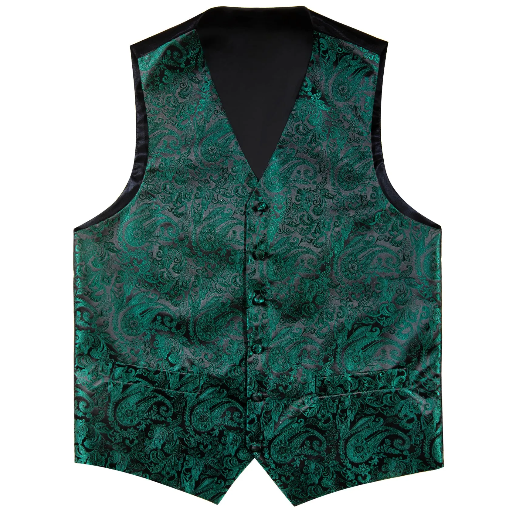 Dark Green Paisley Jacquard Silk Men's Vest Hanky Cufflinks Tie Set