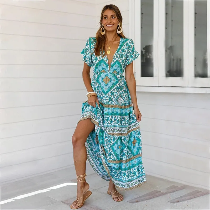 Designer Women's Summer Holiday Dress Retro Printed V-neck Long Dress