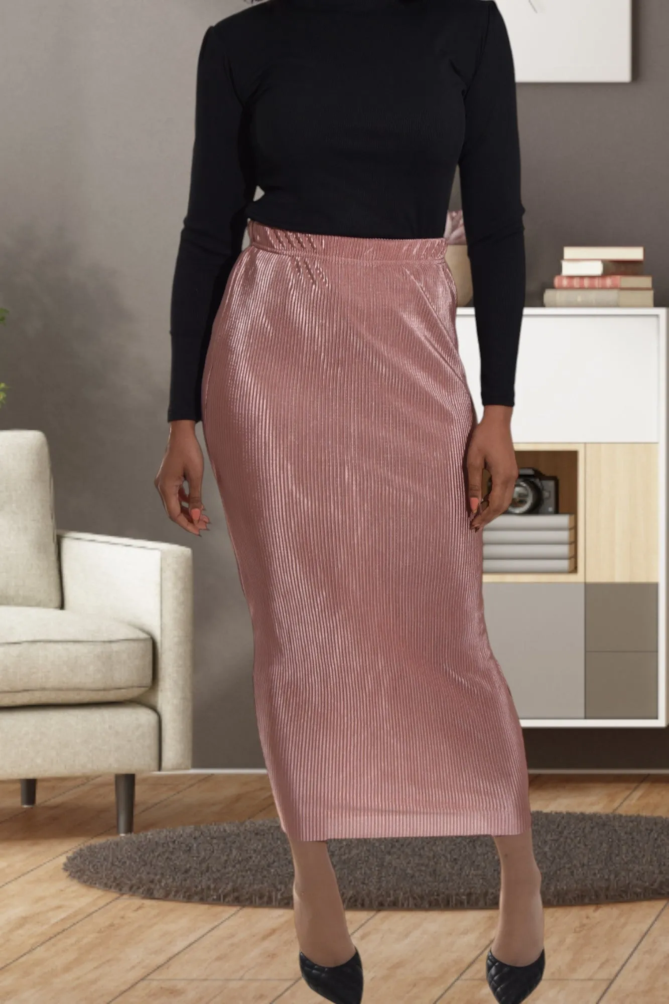 Elastic Waist Blush Pencil Skirt