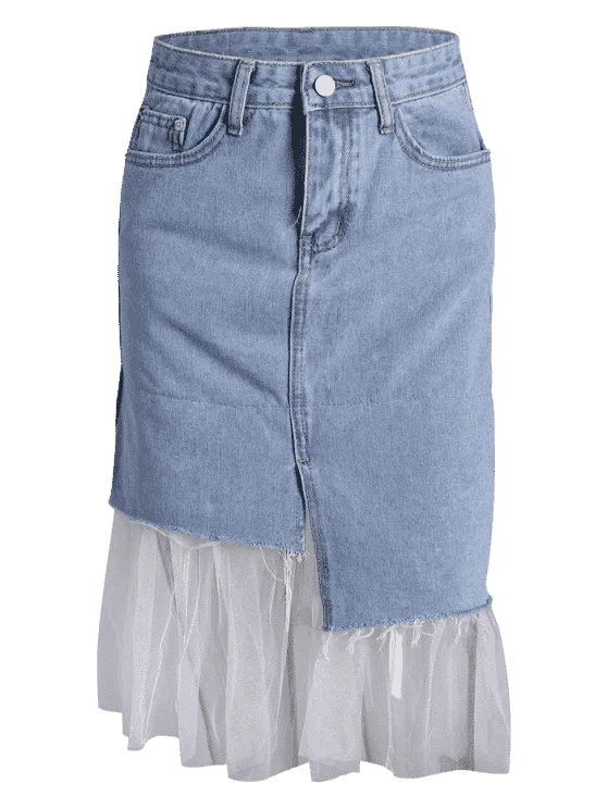 Fashion High Waisted Voile Panel Denim Skirt