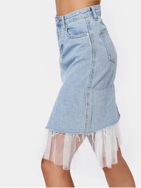 Fashion High Waisted Voile Panel Denim Skirt