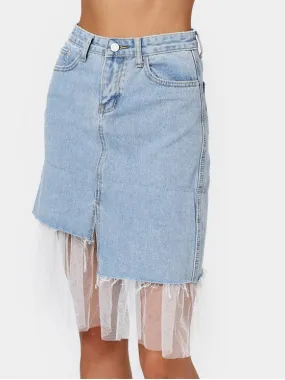 Fashion High Waisted Voile Panel Denim Skirt