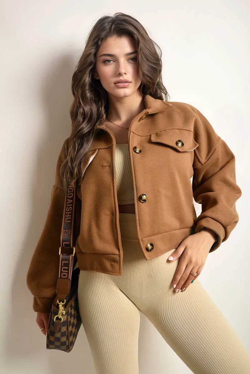 Flap Pocket Long Sleeve Crop Jacket