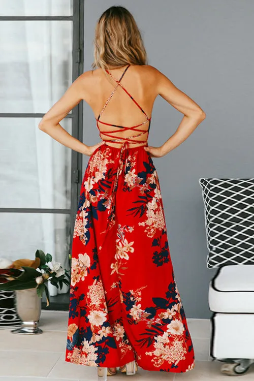 Flare Print Cross Back Maxi Dress