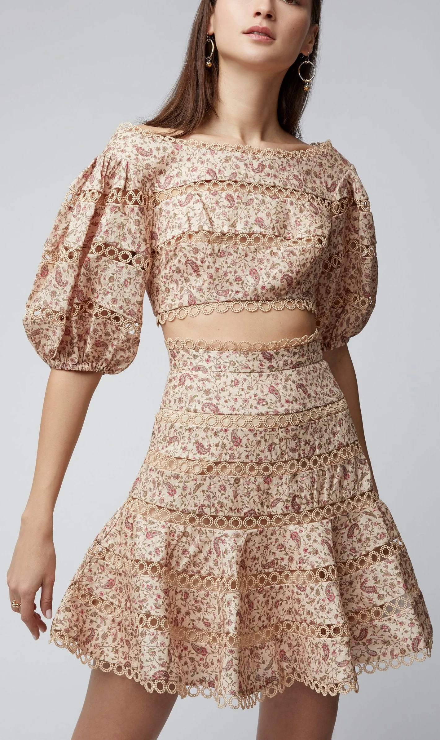 Floral Juniper Paisley Print Cropped Linen Top and Skirt Set