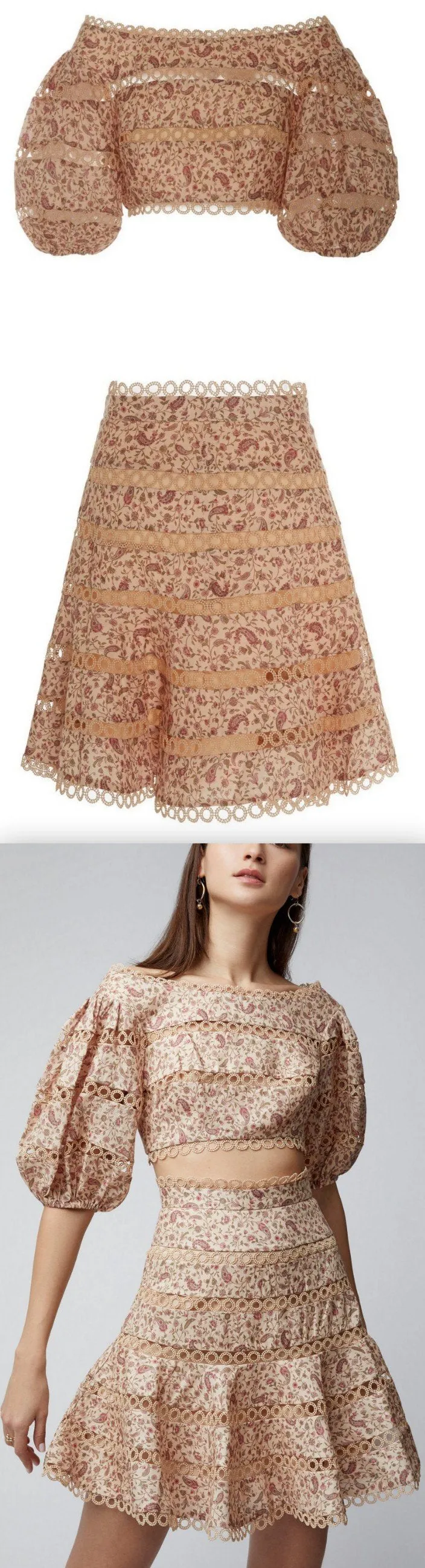 Floral Juniper Paisley Print Cropped Linen Top and Skirt Set