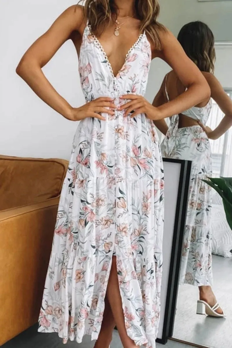 Floral V-neck Knot Back Slit Maxi Dress