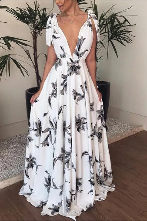 Floral V-neck Tie Shoulder Maxi Dress