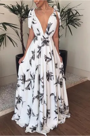 Floral V-neck Tie Shoulder Maxi Dress