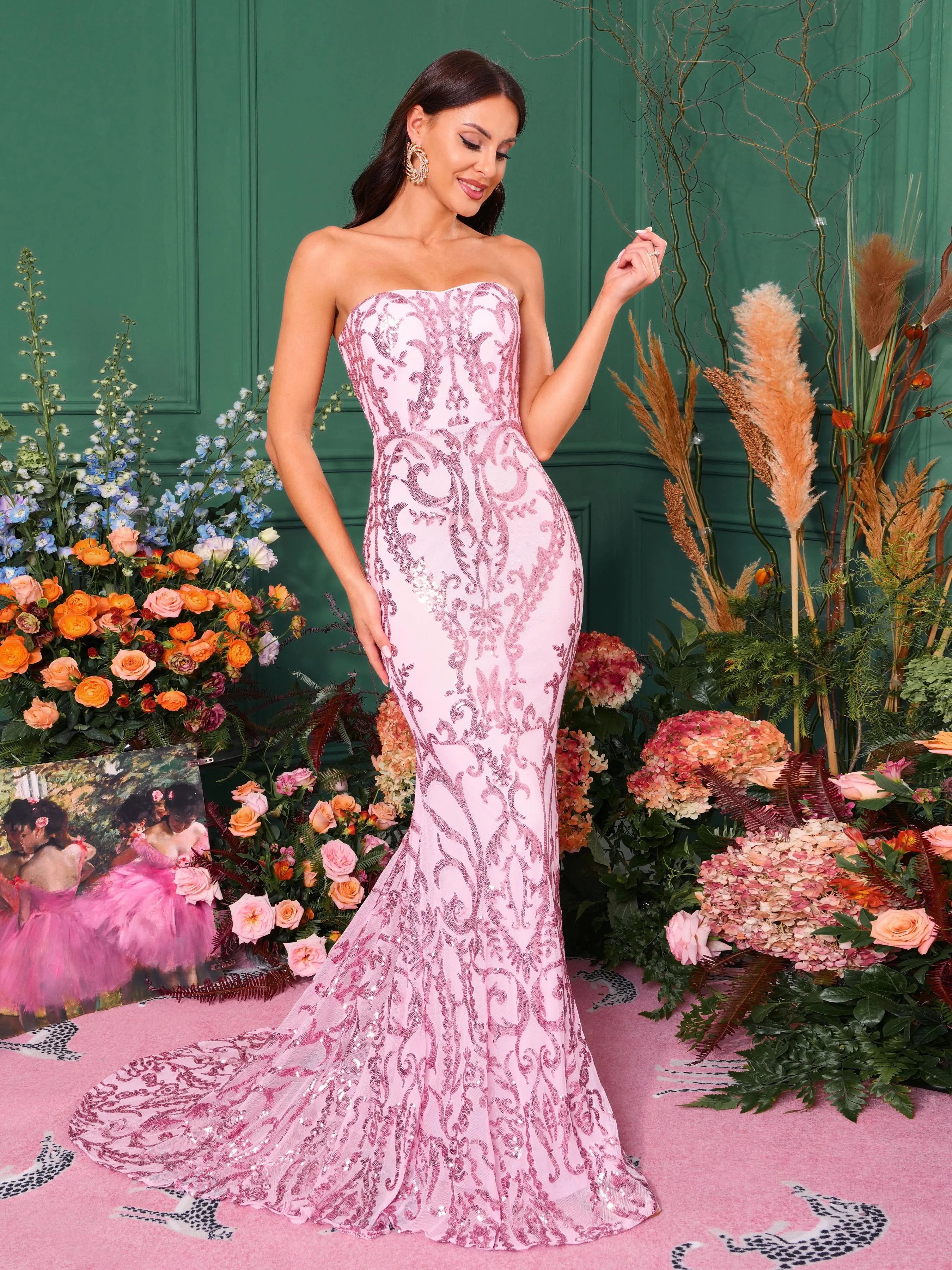 Formal Strapless Sequin Pink Prom Dress XH1342