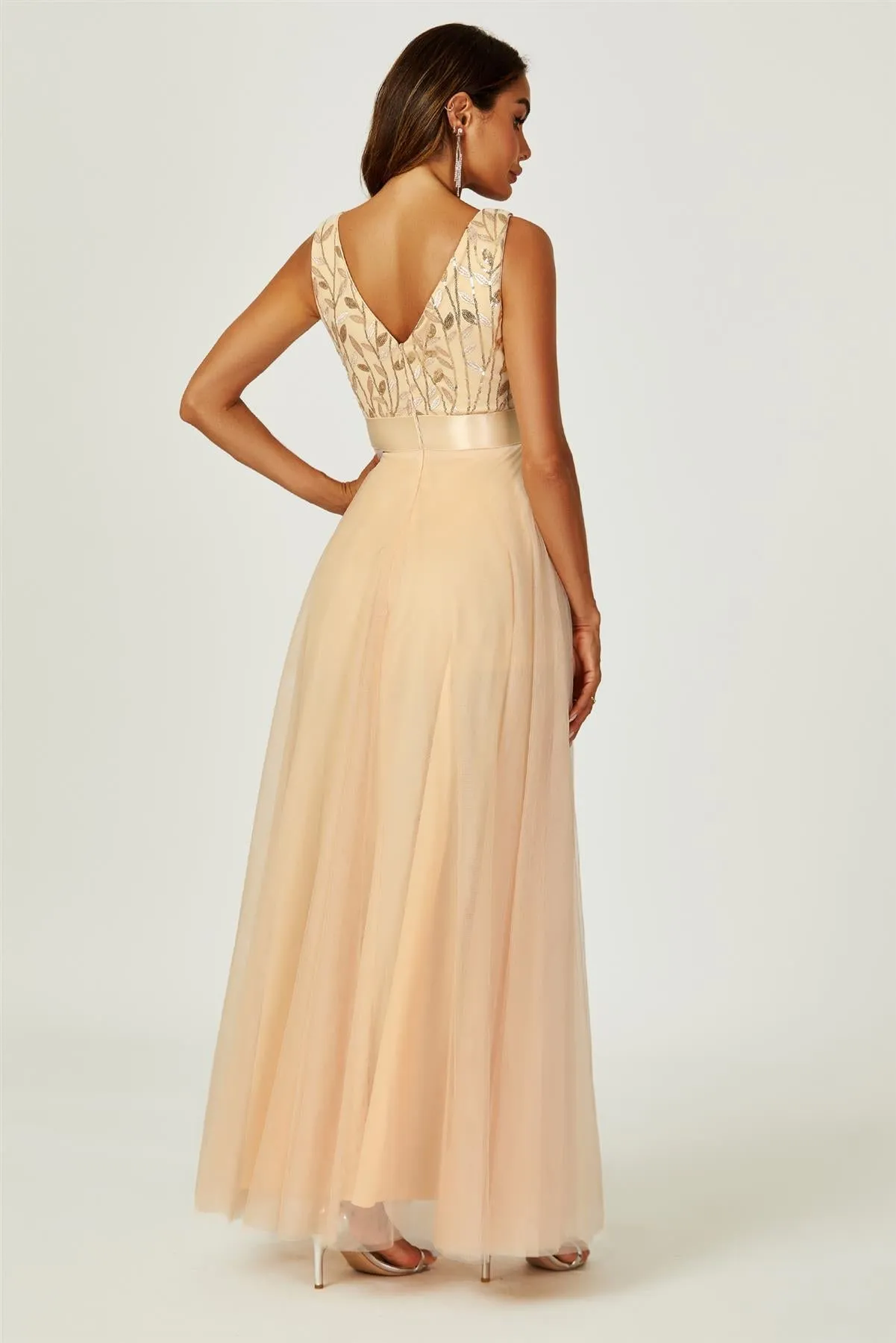 FS Collection Sequin Top V Neck Bridesmaid Maxi Dress In Gold