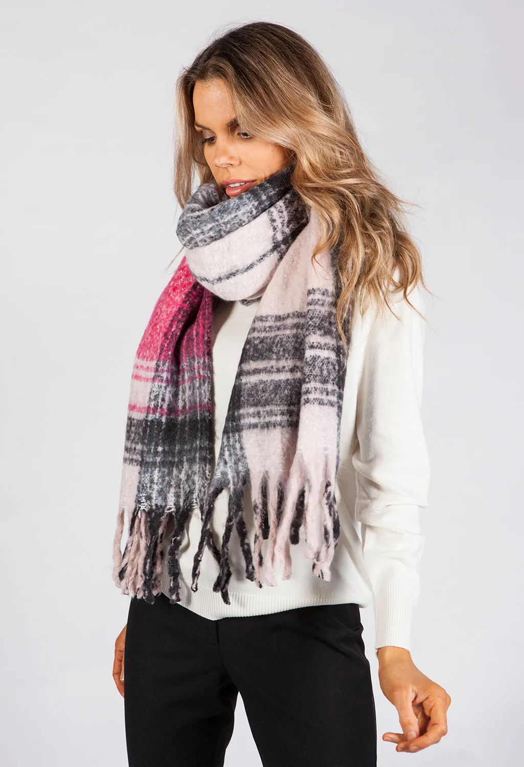 Fuchsia and Charcoal Checked Knit Scarf