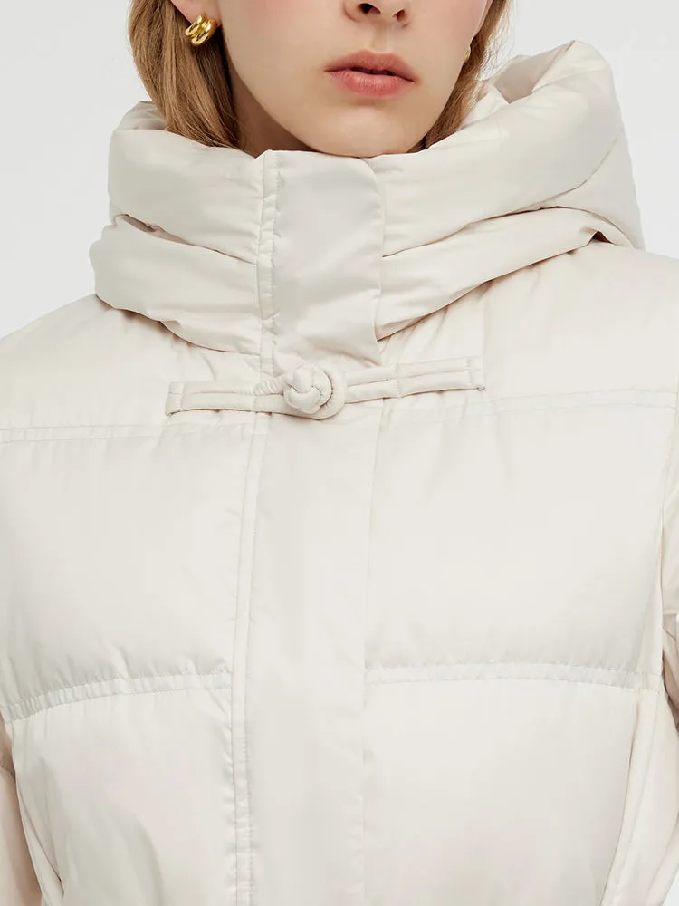 Gathered Waist Hooded Long Goose Down Coat