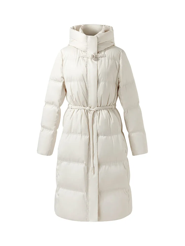 Gathered Waist Hooded Long Goose Down Coat