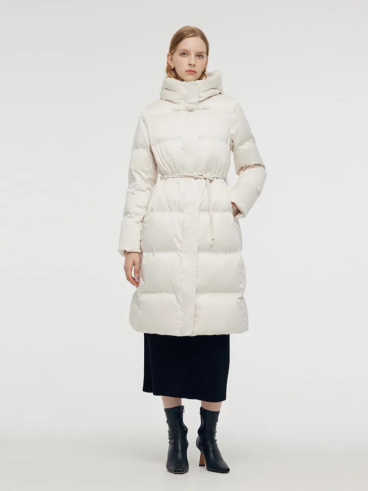 Gathered Waist Hooded Long Goose Down Coat