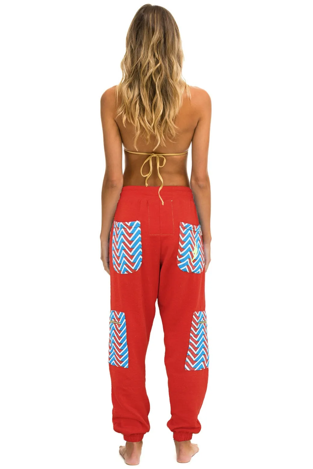 GEO ZIG BOLT EMBROIDERY CARGO COLOR BLOCK SWEATPANTS - RED // BLUE