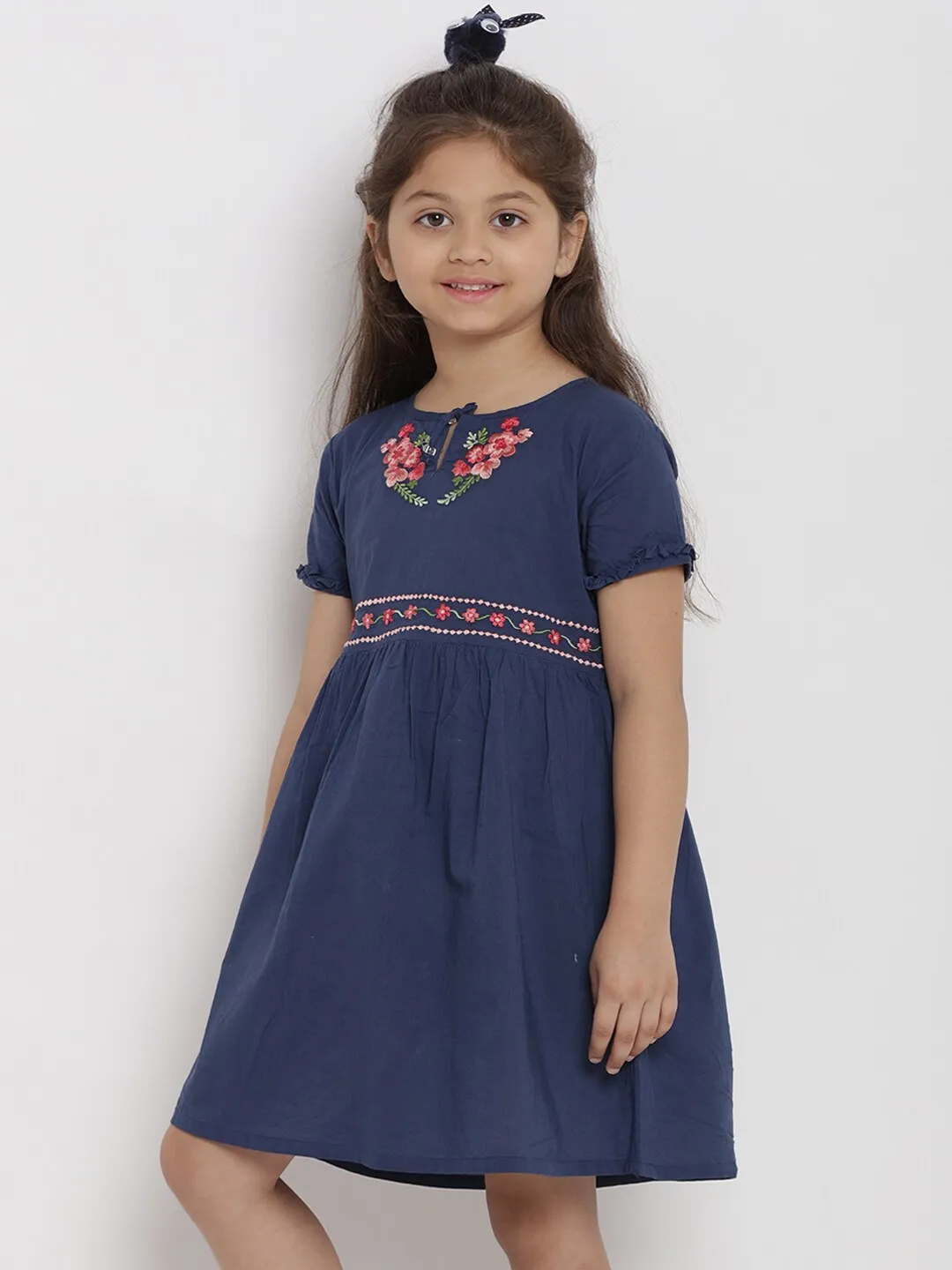 Girl's Blue & Pink Floral A-Line Dress  - NOZ2TOZ KIDS