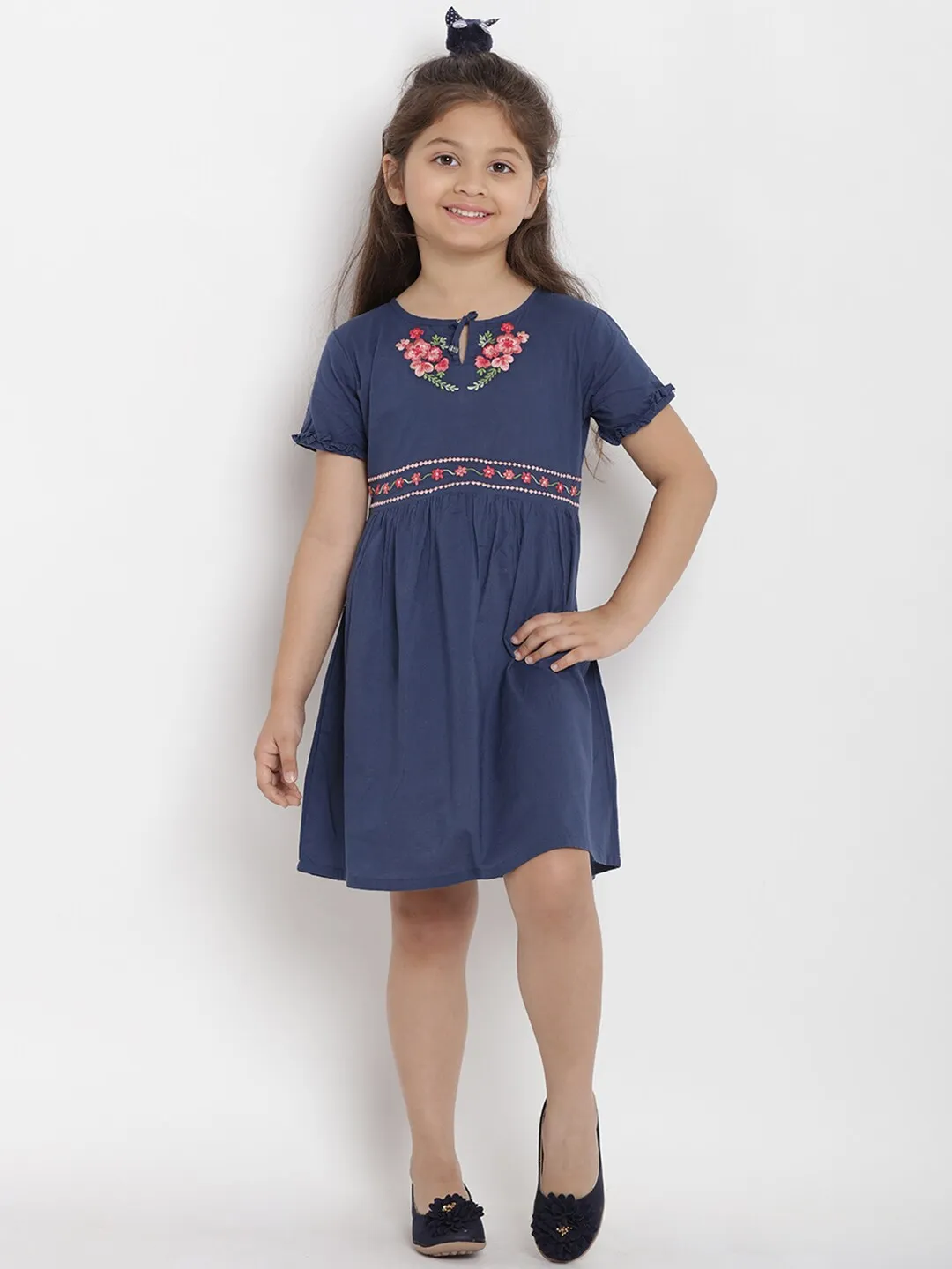 Girl's Blue & Pink Floral A-Line Dress  - NOZ2TOZ KIDS