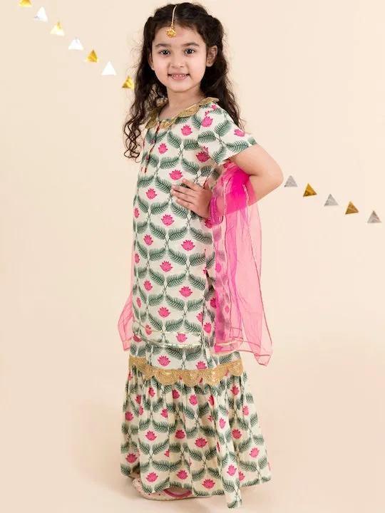 Girls Off White Floral Yoke Design Empire Pure Cotton Kurti With Skirt With Dupatta - Ps Peaches