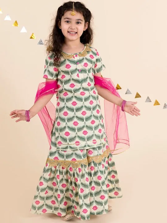 Girls Off White Floral Yoke Design Empire Pure Cotton Kurti With Skirt With Dupatta - Ps Peaches