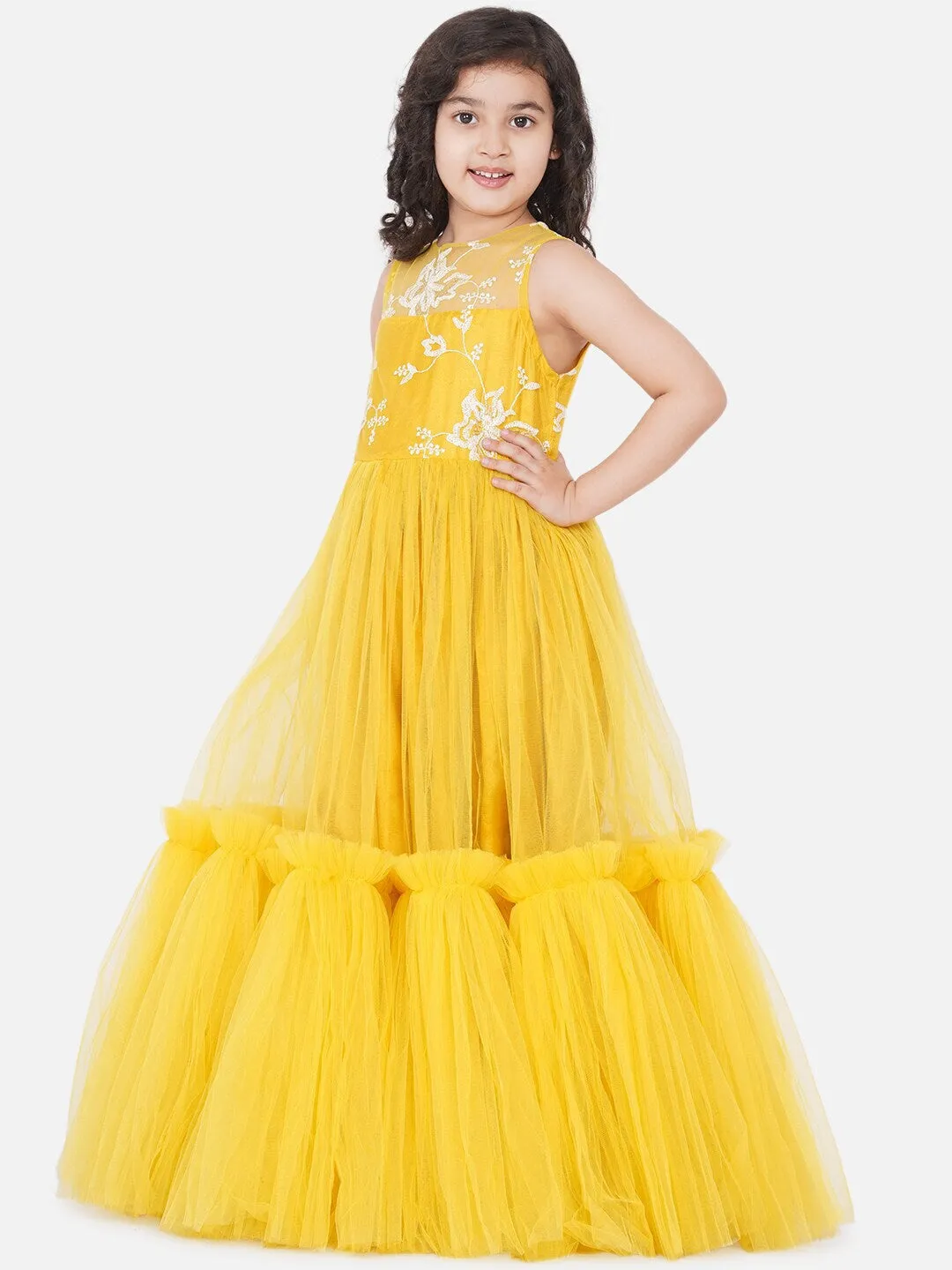 Girl's Yellow Embellished Net Maxi Dress - NOZ2TOZ KIDS