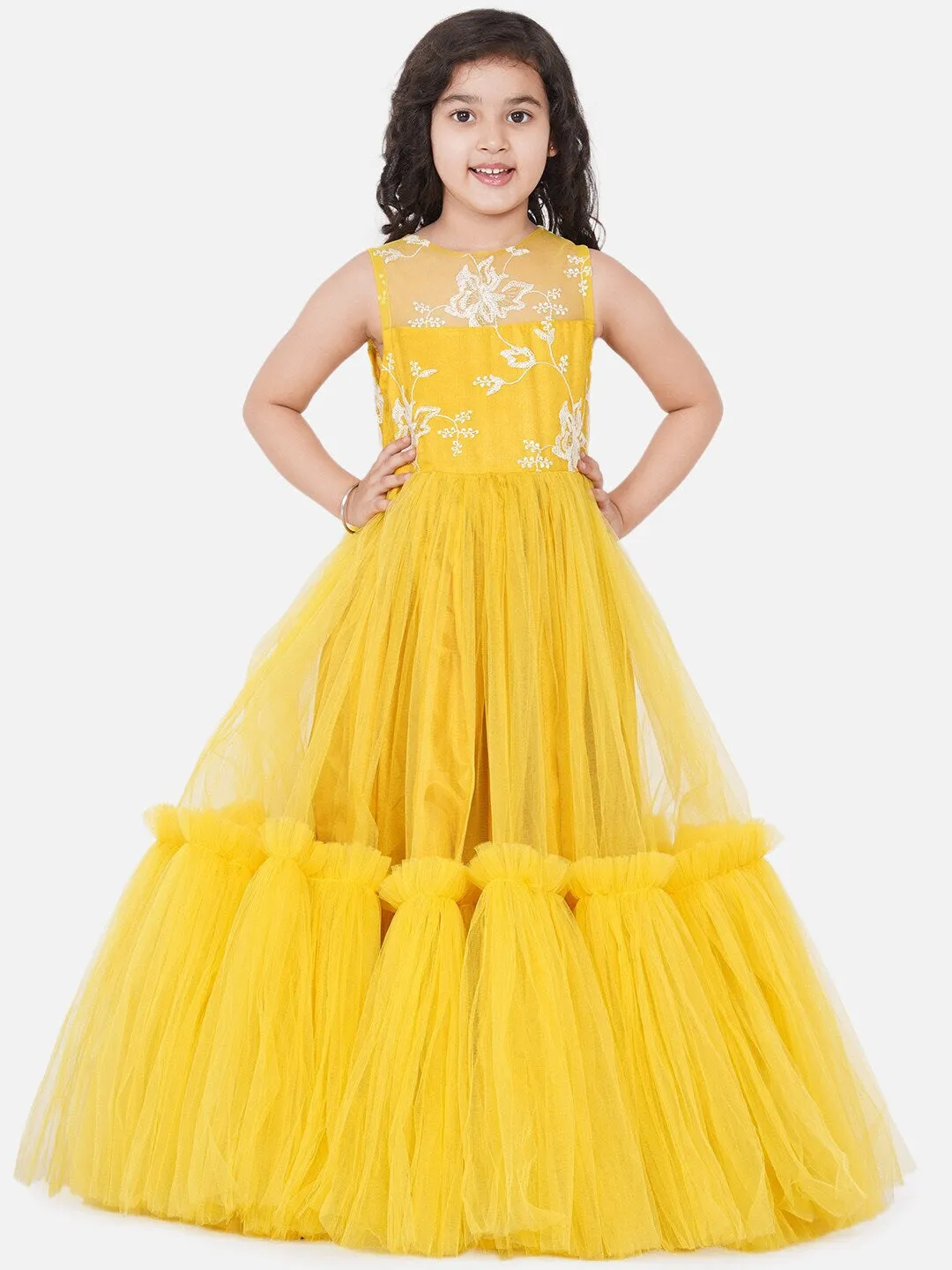 Girl's Yellow Embellished Net Maxi Dress - NOZ2TOZ KIDS