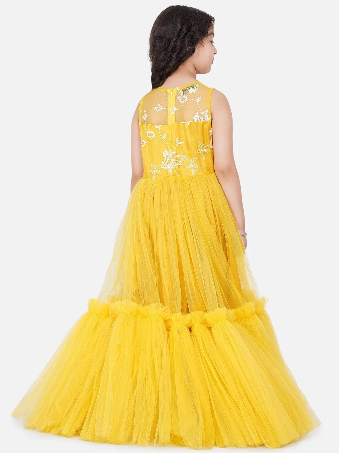 Girl's Yellow Embellished Net Maxi Dress - NOZ2TOZ KIDS