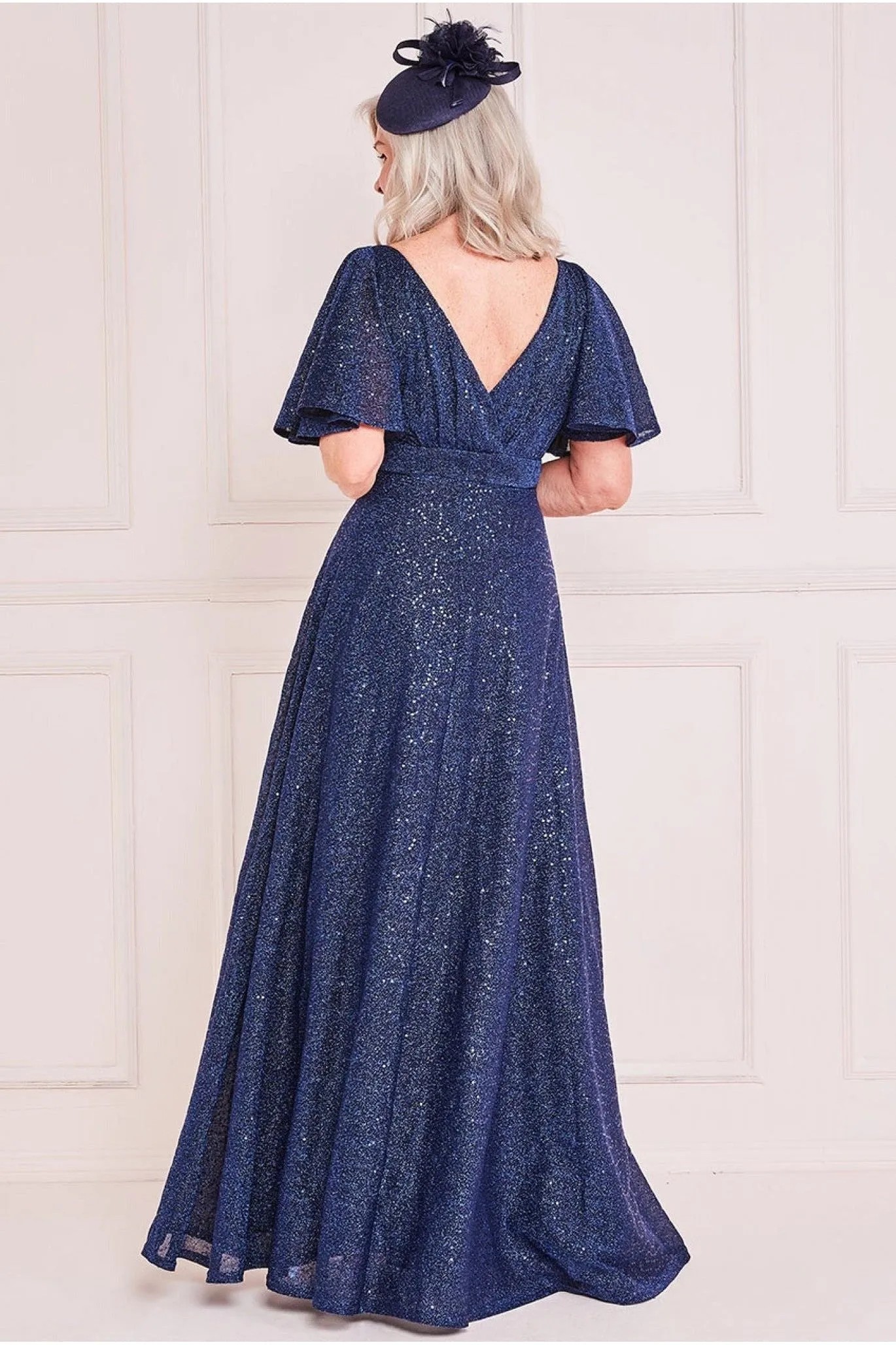 Goddiva Lurex Sequin Flutter Sleeve Maxi - Navy