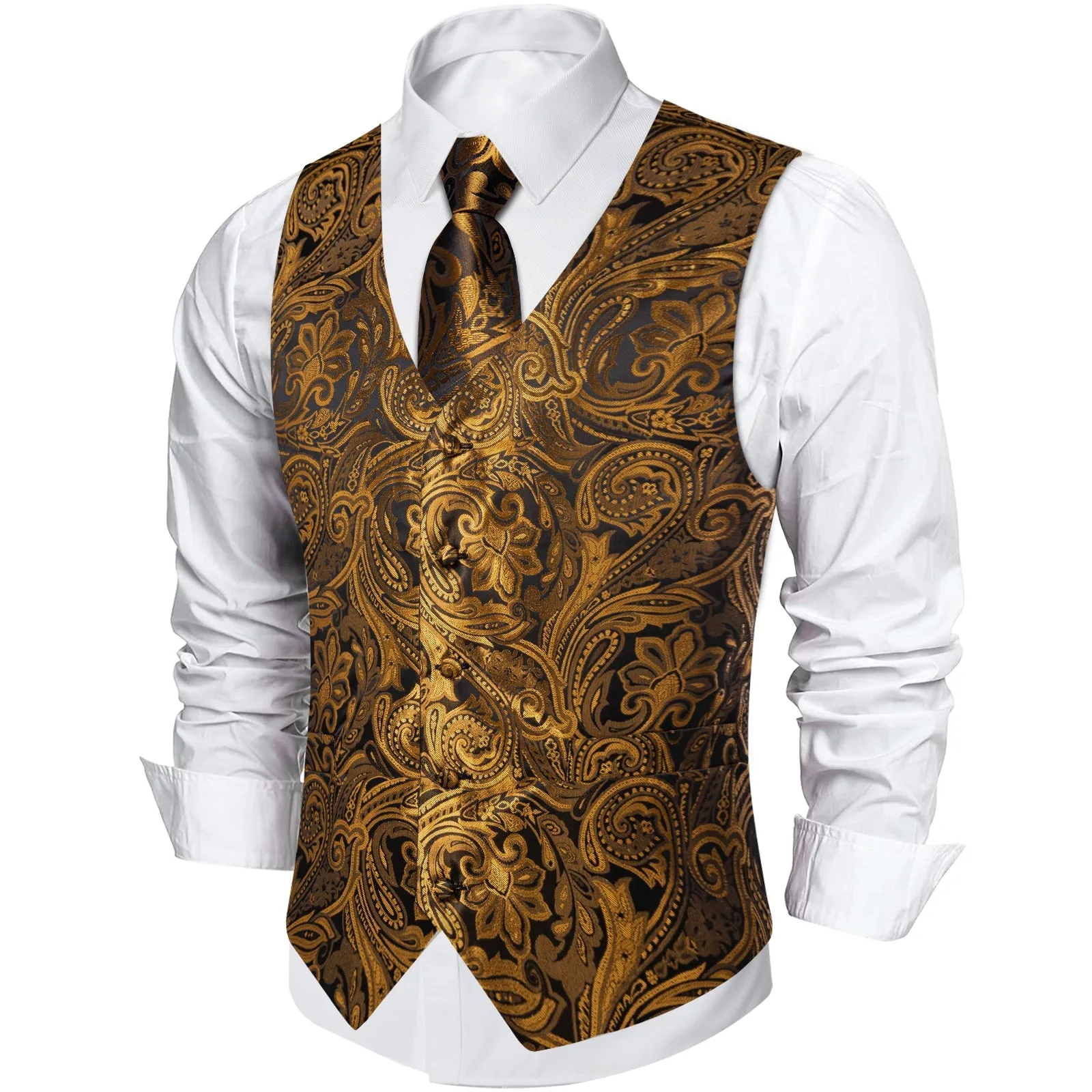 Gold Brown Paisley Flower Silk Men's Vest Hanky Cufflinks Tie Set