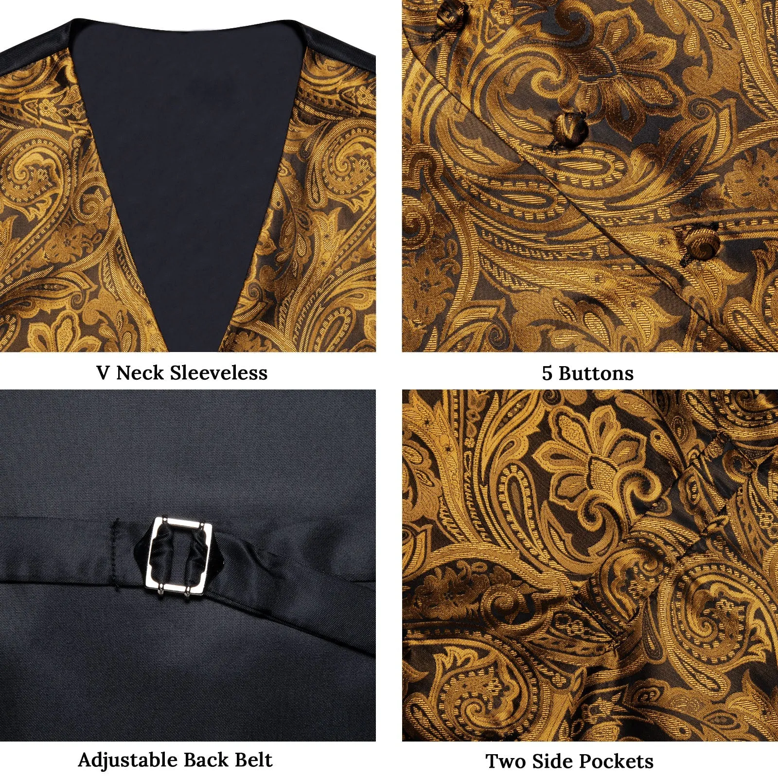 Gold Brown Paisley Flower Silk Men's Vest Hanky Cufflinks Tie Set