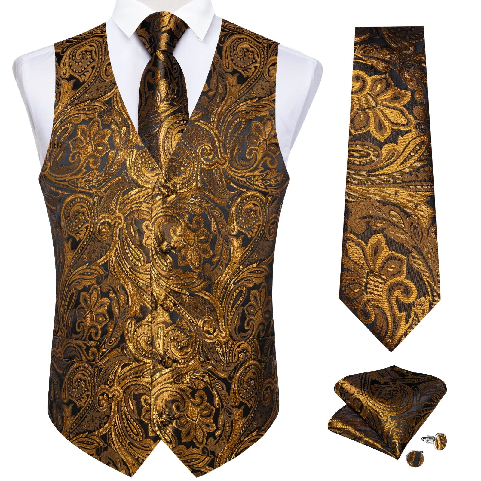 Gold Brown Paisley Flower Silk Men's Vest Hanky Cufflinks Tie Set