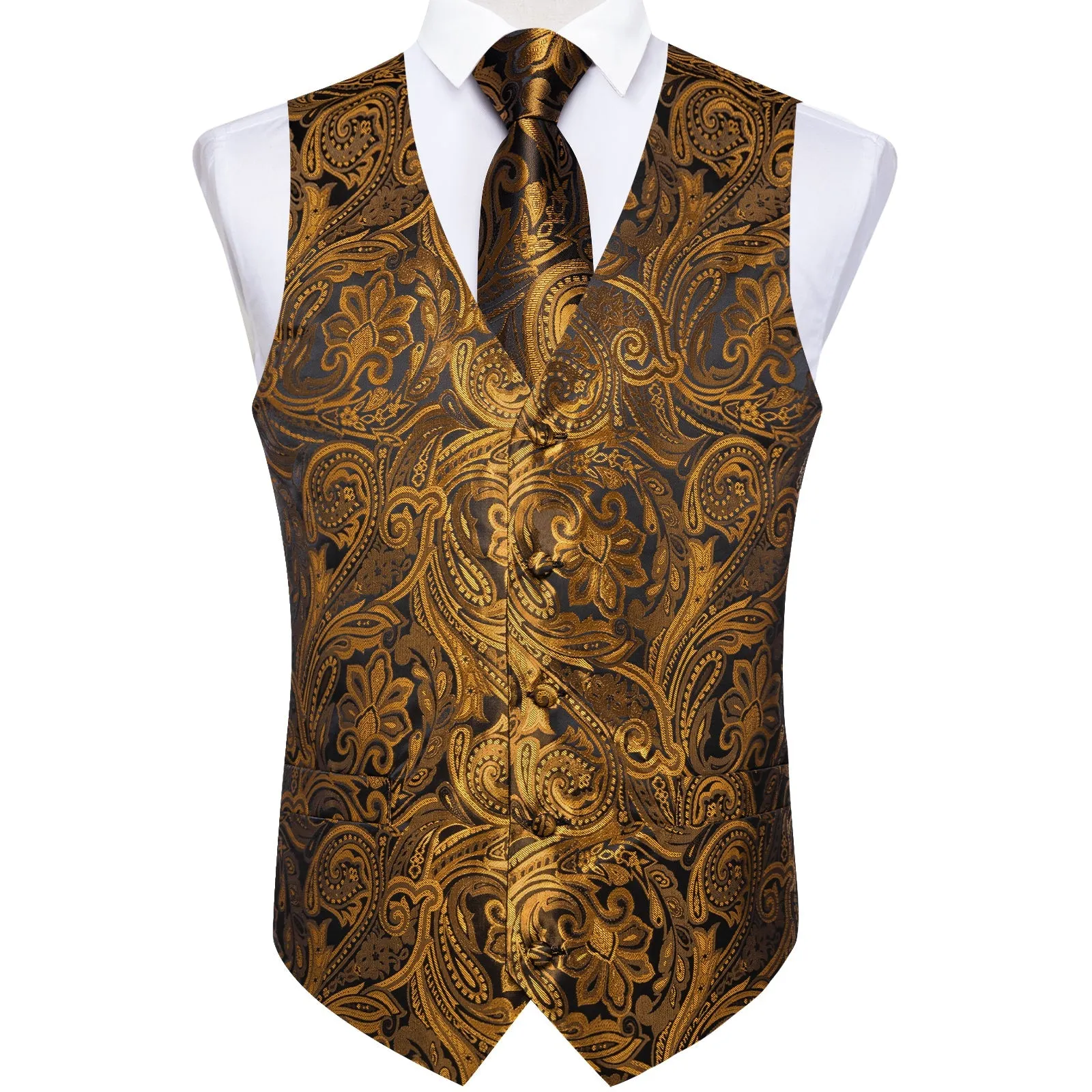 Gold Brown Paisley Flower Silk Men's Vest Hanky Cufflinks Tie Set