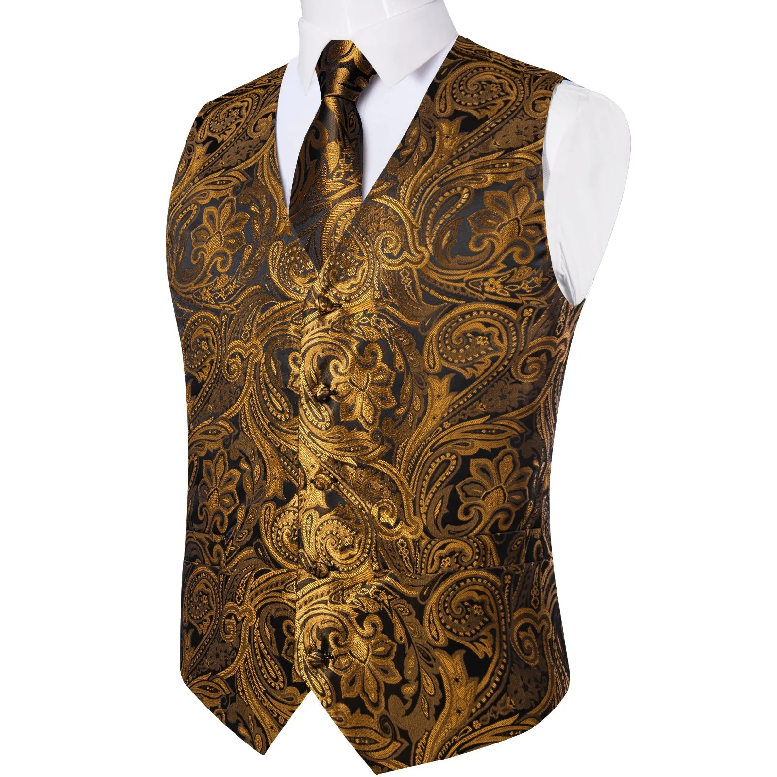 Gold Brown Paisley Flower Silk Men's Vest Hanky Cufflinks Tie Set