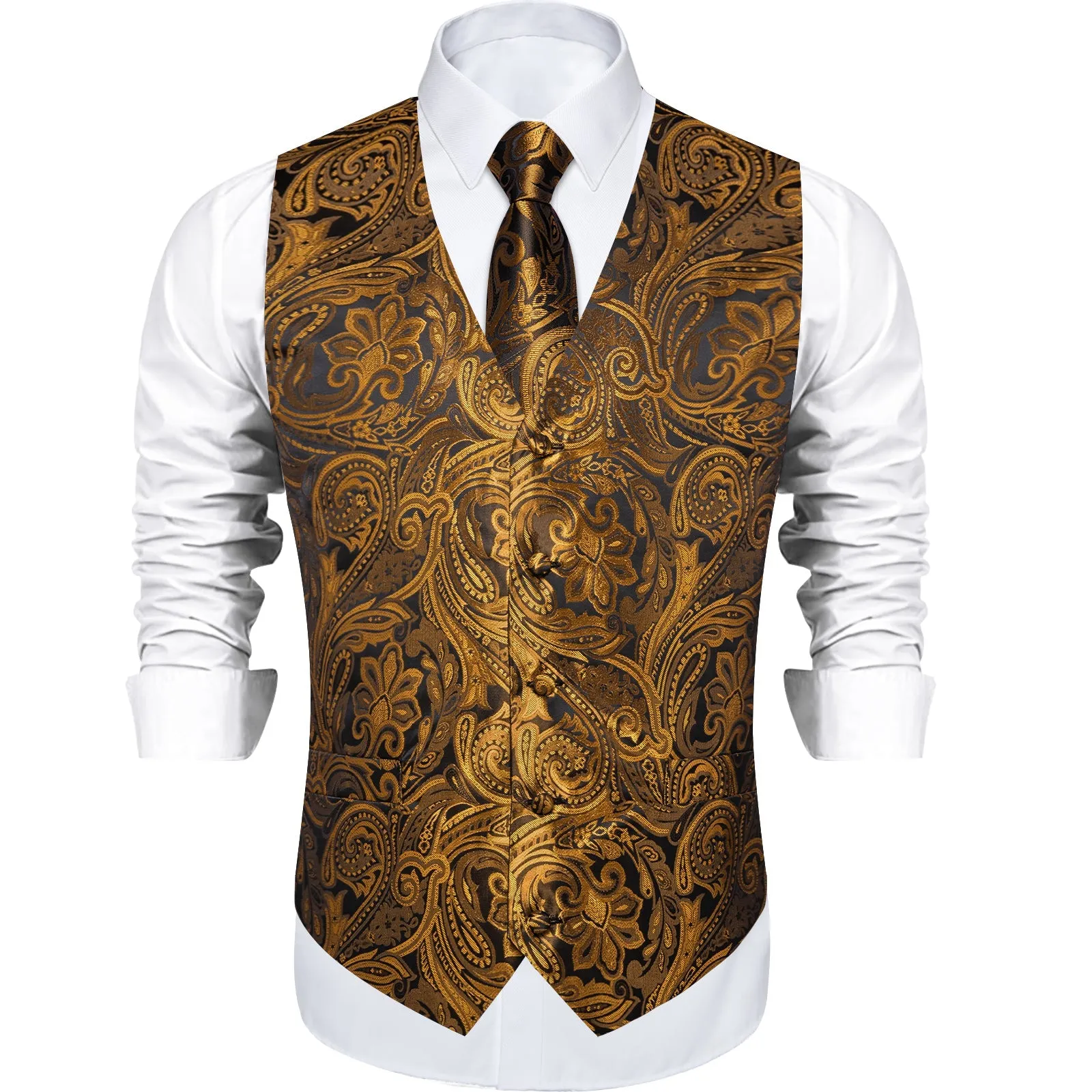 Gold Brown Paisley Flower Silk Men's Vest Hanky Cufflinks Tie Set