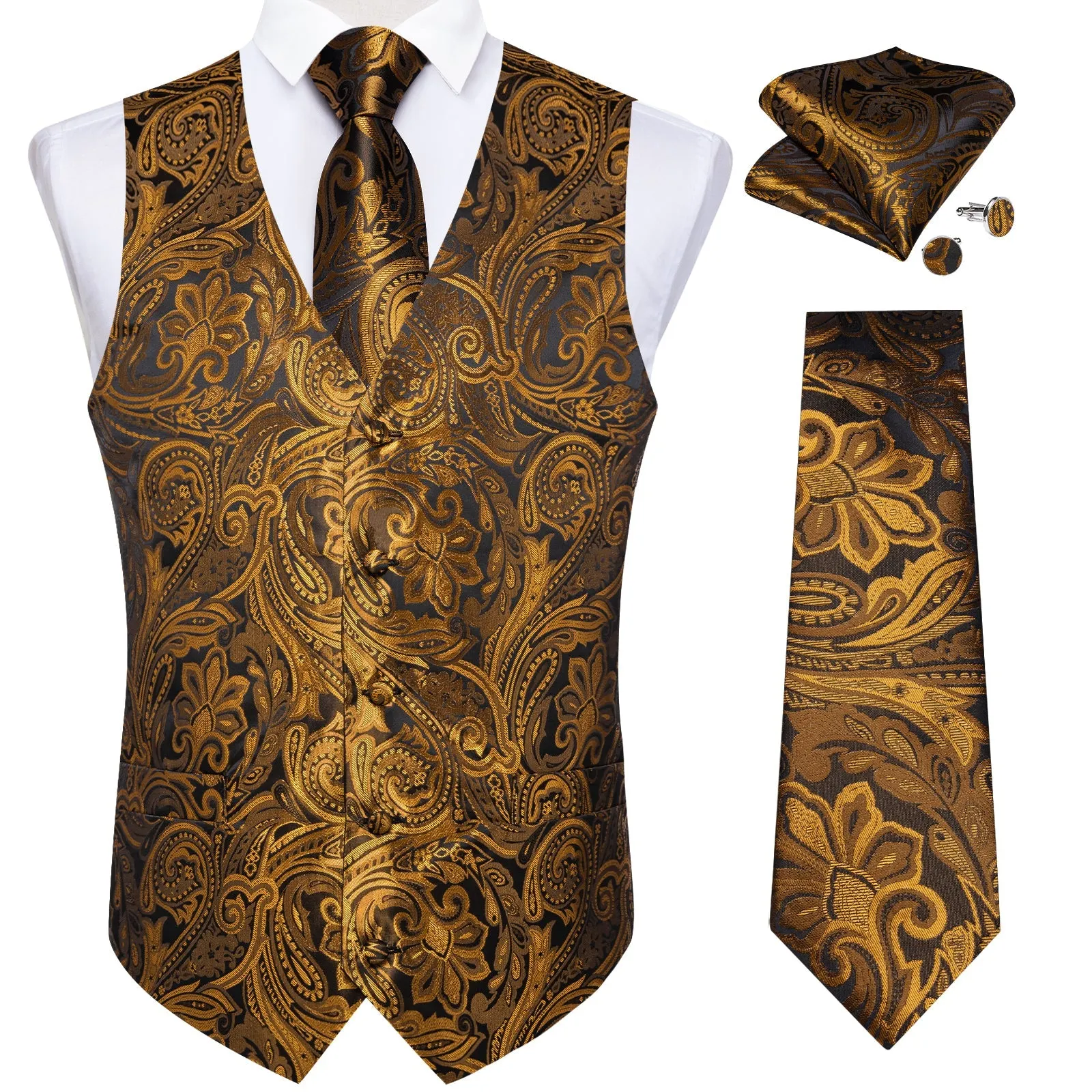 Gold Brown Paisley Flower Silk Men's Vest Hanky Cufflinks Tie Set