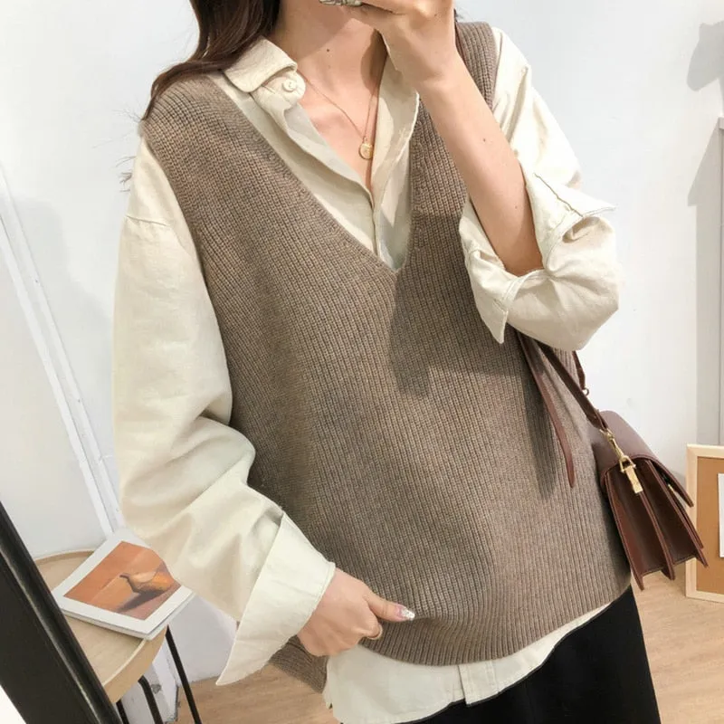 Graduation Gifts   Sleeveless Knitted Sweater Vest Women Autumn Winter 2022 Loose Cashmere Pullover Women Sweaters Vintage V-neck Jumper Vest 16798