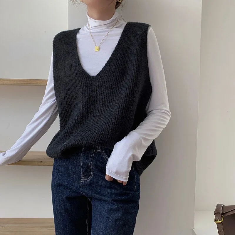 Graduation Gifts   Sleeveless Knitted Sweater Vest Women Autumn Winter 2022 Loose Cashmere Pullover Women Sweaters Vintage V-neck Jumper Vest 16798