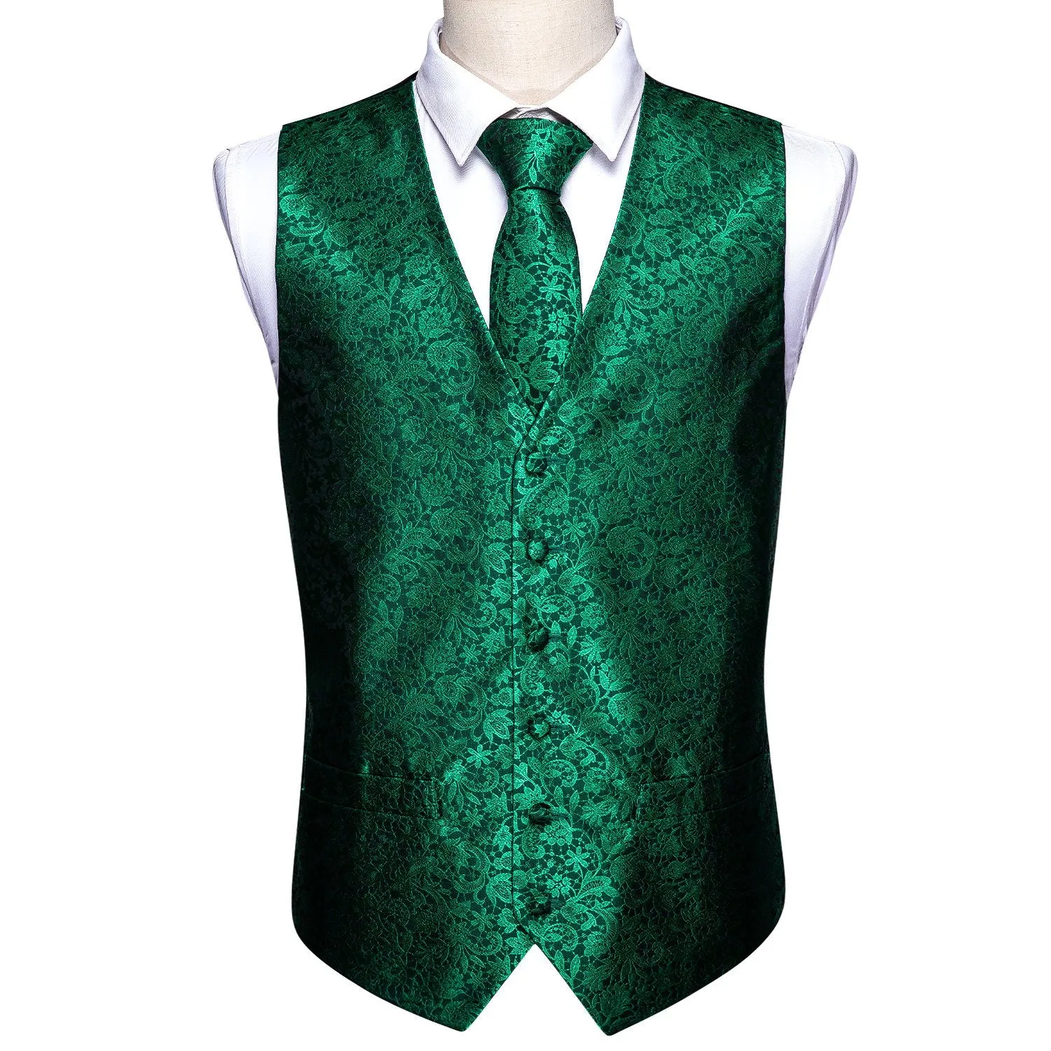 Green Black Floral Silk Men's Vest Tie Hanky Cufflinks Set Waistcoat Suit Set