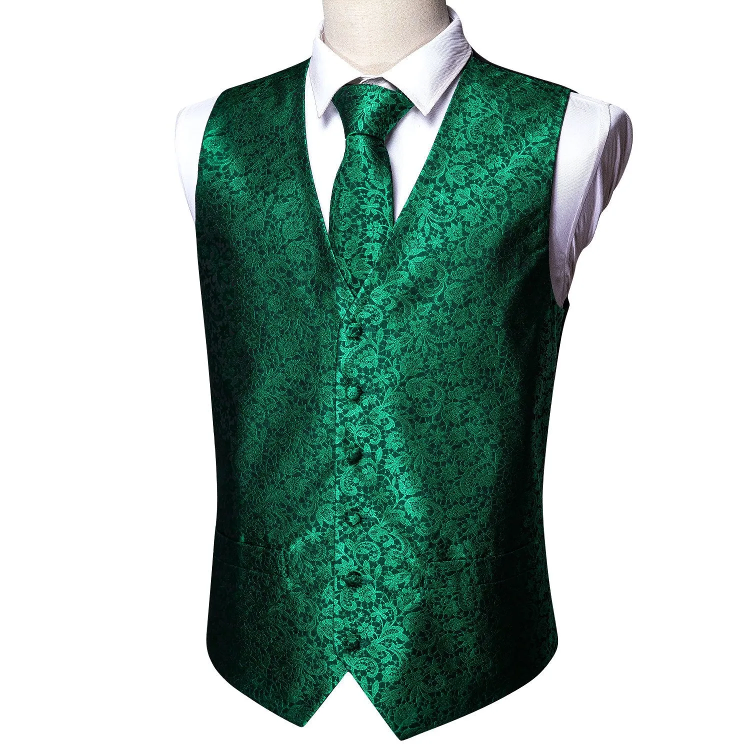 Green Black Floral Silk Men's Vest Tie Hanky Cufflinks Set Waistcoat Suit Set