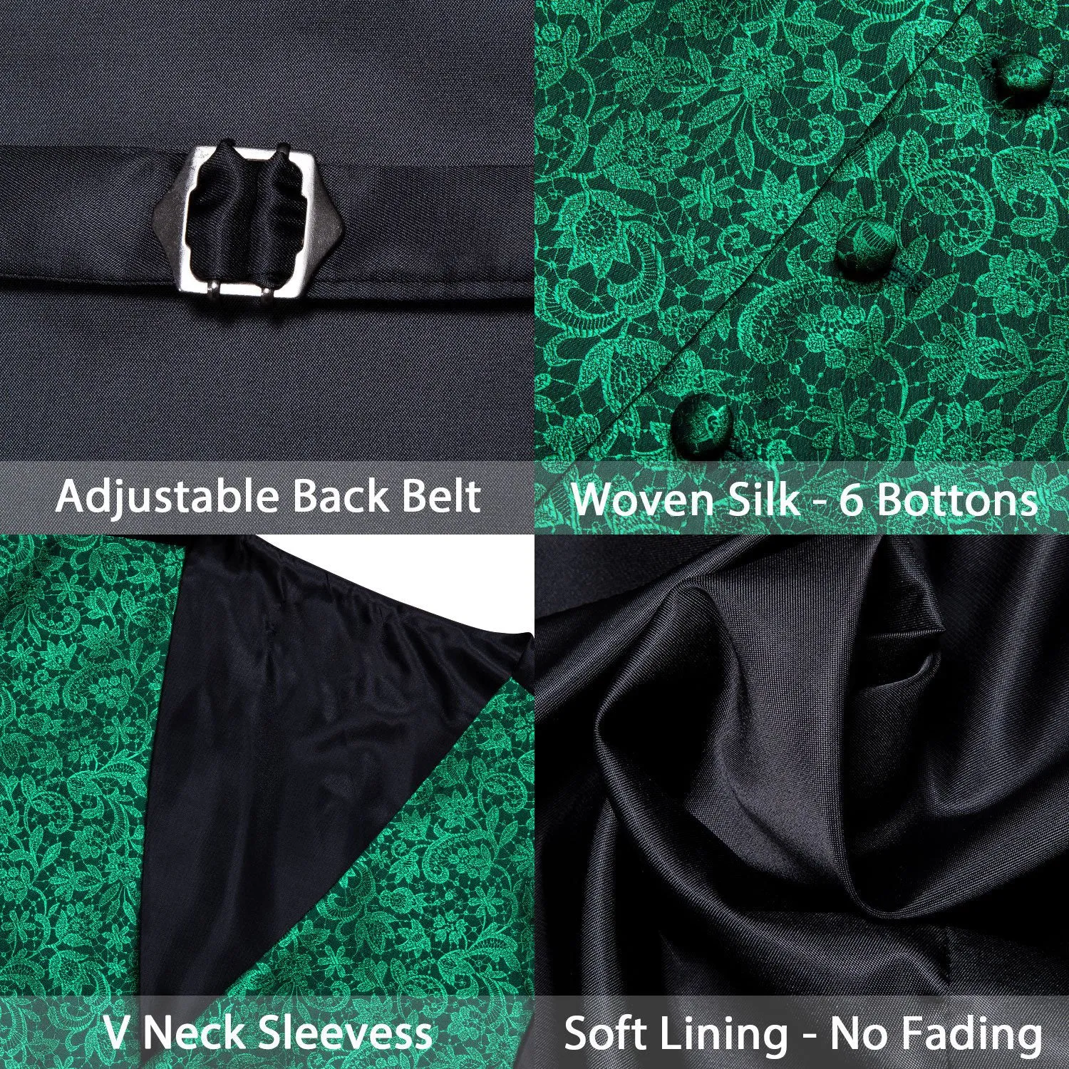 Green Black Floral Silk Men's Vest Tie Hanky Cufflinks Set Waistcoat Suit Set