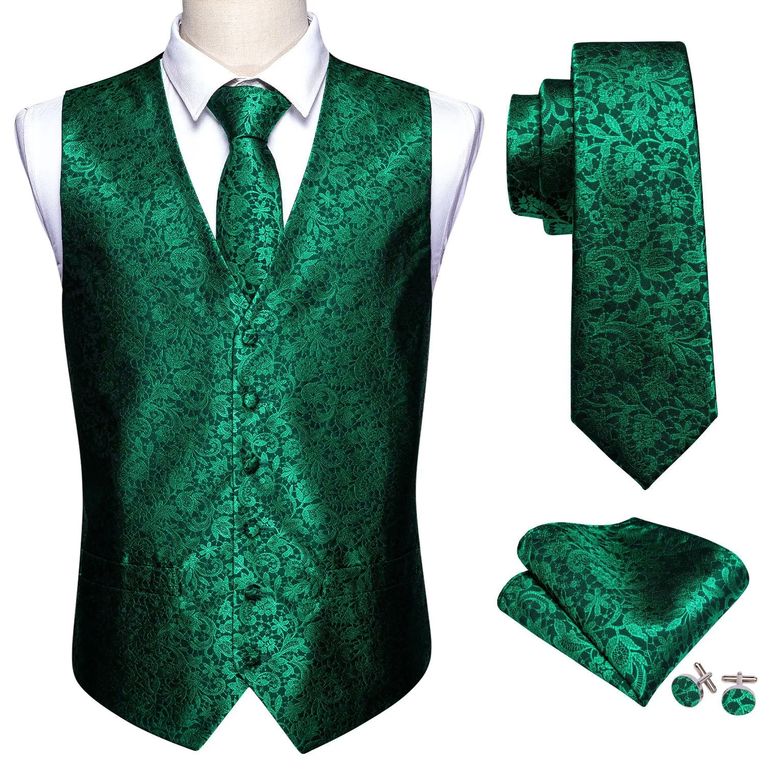 Green Black Floral Silk Men's Vest Tie Hanky Cufflinks Set Waistcoat Suit Set