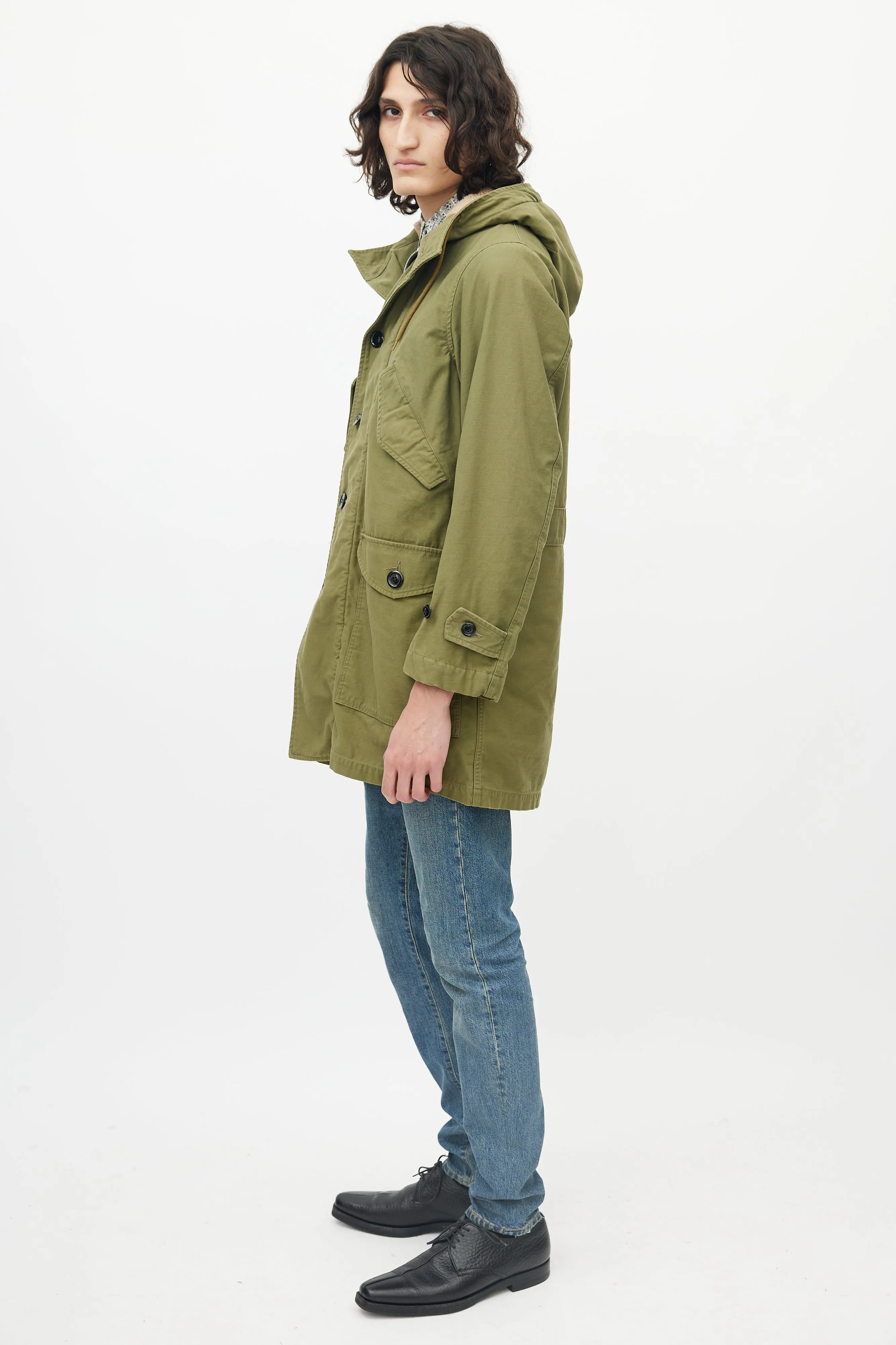 Green Cargo Faux Shearling Hooded Parka