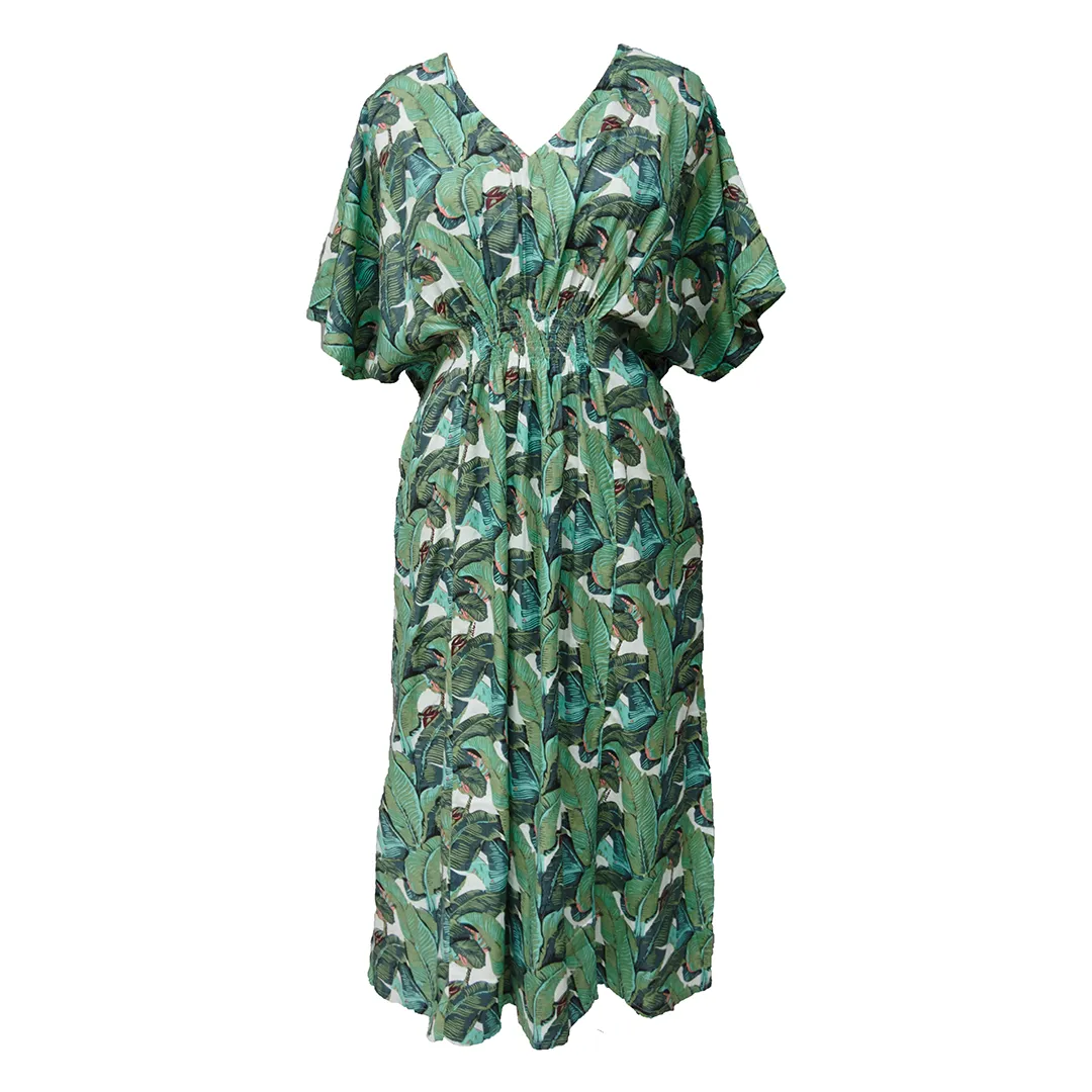 Green Feathers Cotton Smocked Maxi Dress Size 16-32 P208