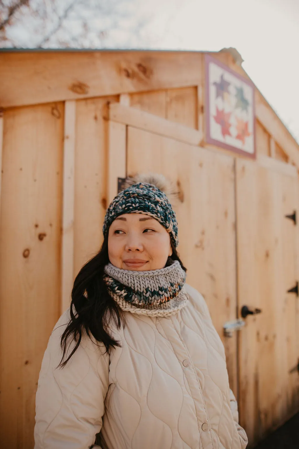 Green Speckle, Beige, and Gray Merino Wool Fair Isle Hand Knit Cowl